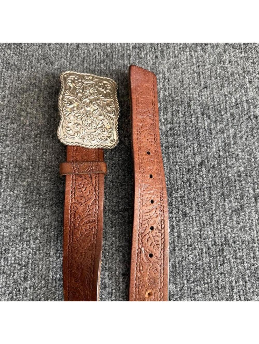 Guess brown leather belt with embossed floral design